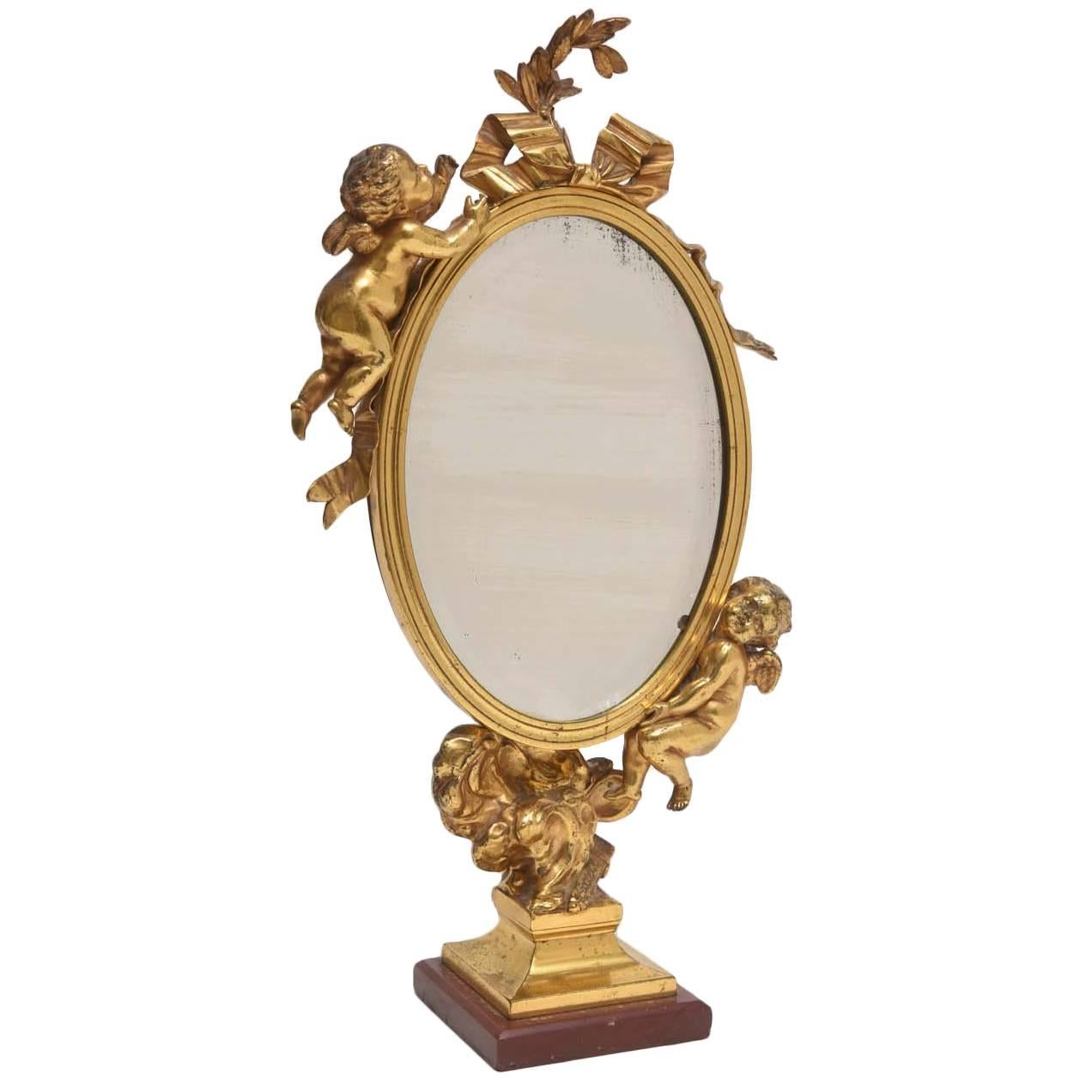19th Century Dore Bronze Cupid Vanity Mirror