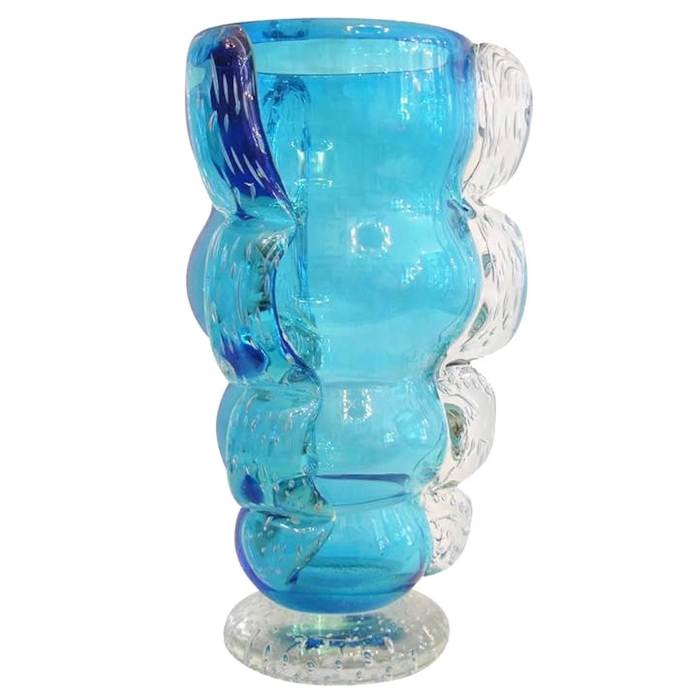 Signed Italian Vase in Sky Blue Murano Glass