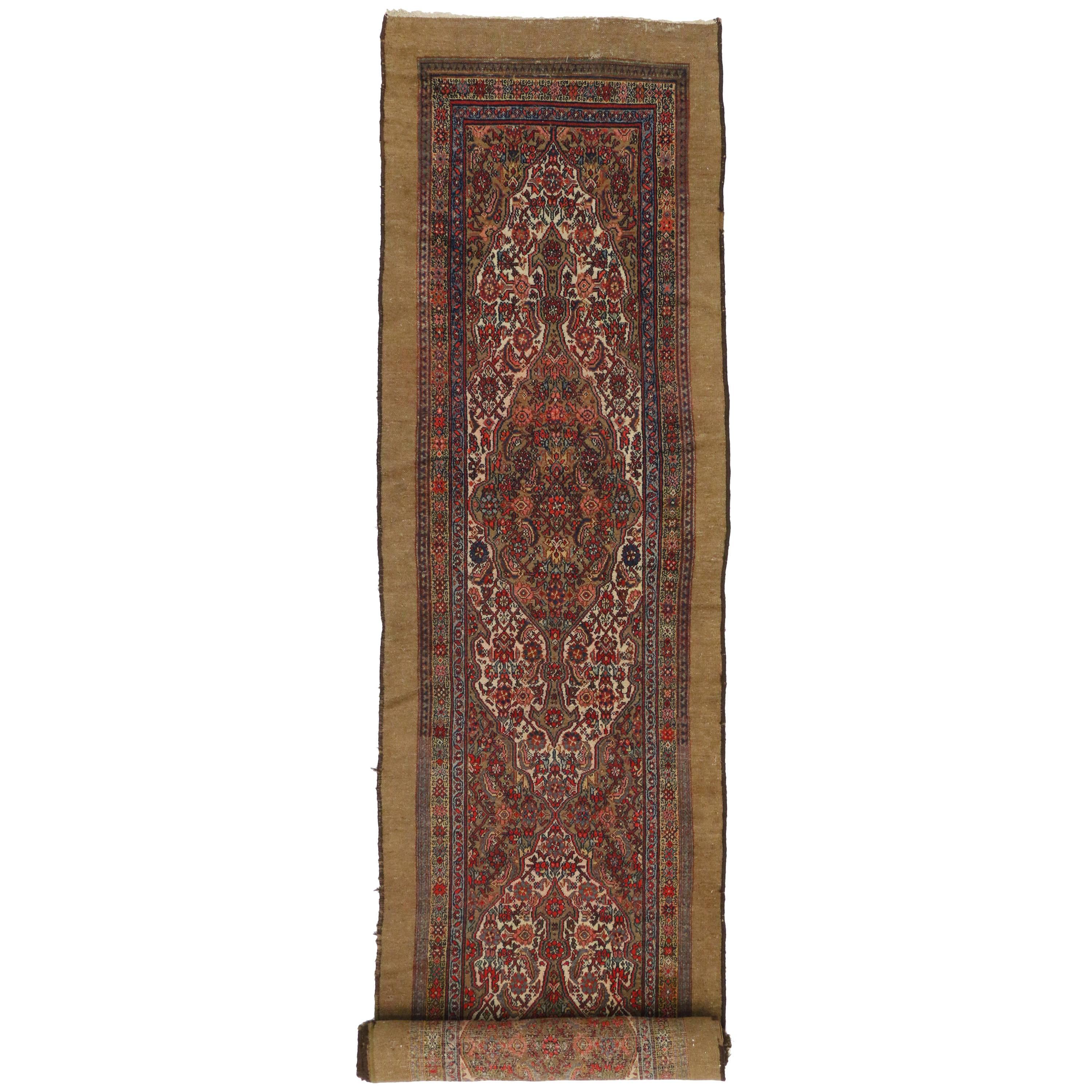 Antique Persian Malayer Rug with Camel Hair, Long Persian Runner For Sale