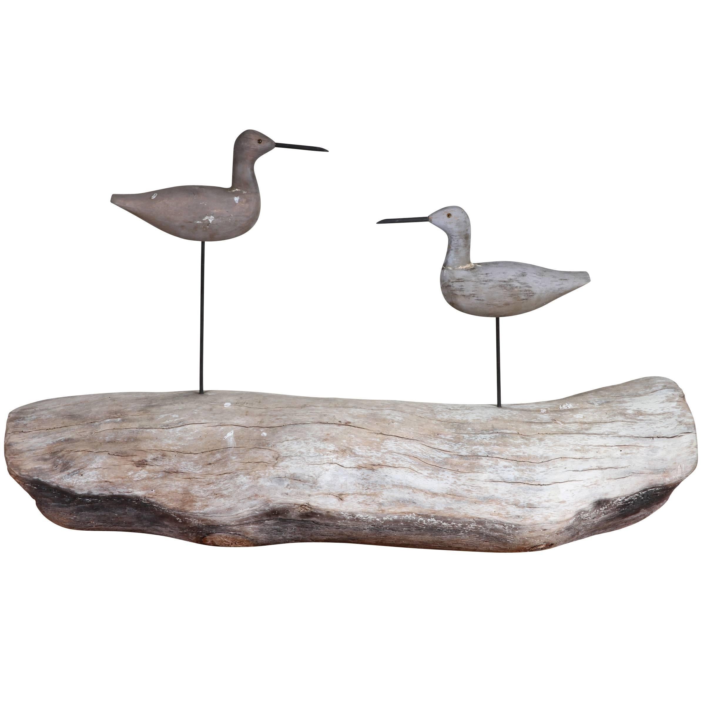Carved Sandpipers on Driftwood Log Mount