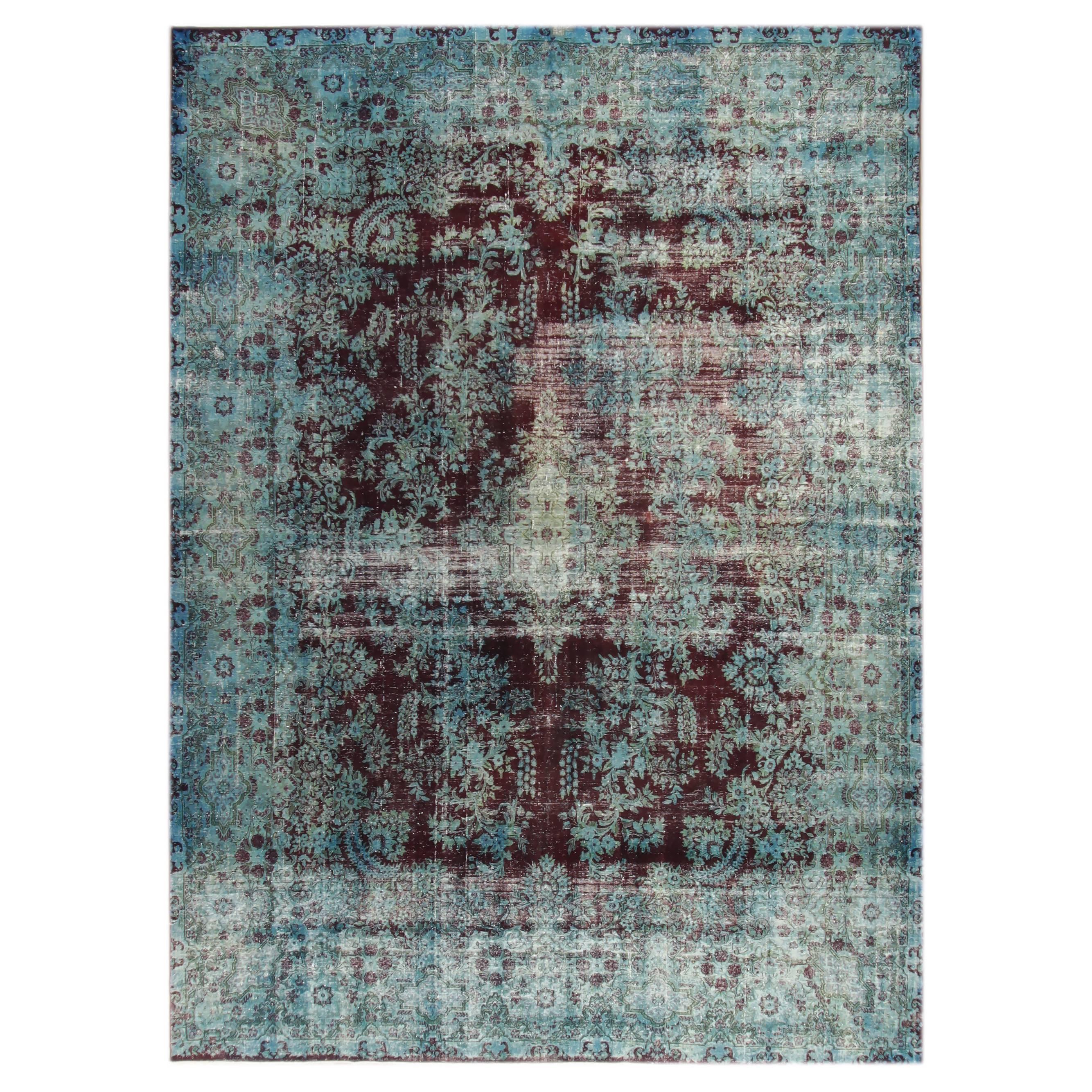 Large Vintage Green Overdyed Medallion Rug For Sale