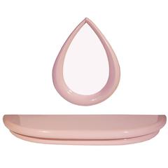 Pink Lacquer Teardrop Mirror and Console Shelf in the Style of Karl Springer