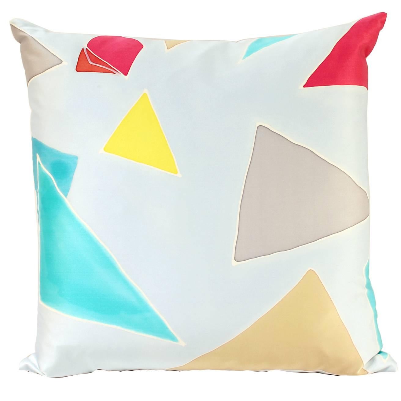 Medium Hand-Painted Silk Pillow with Diamond Motif For Sale