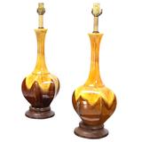 Pair of Mid-Century Modern Drip Glaze Glazed Pottery Walnut Bases Table Lamps