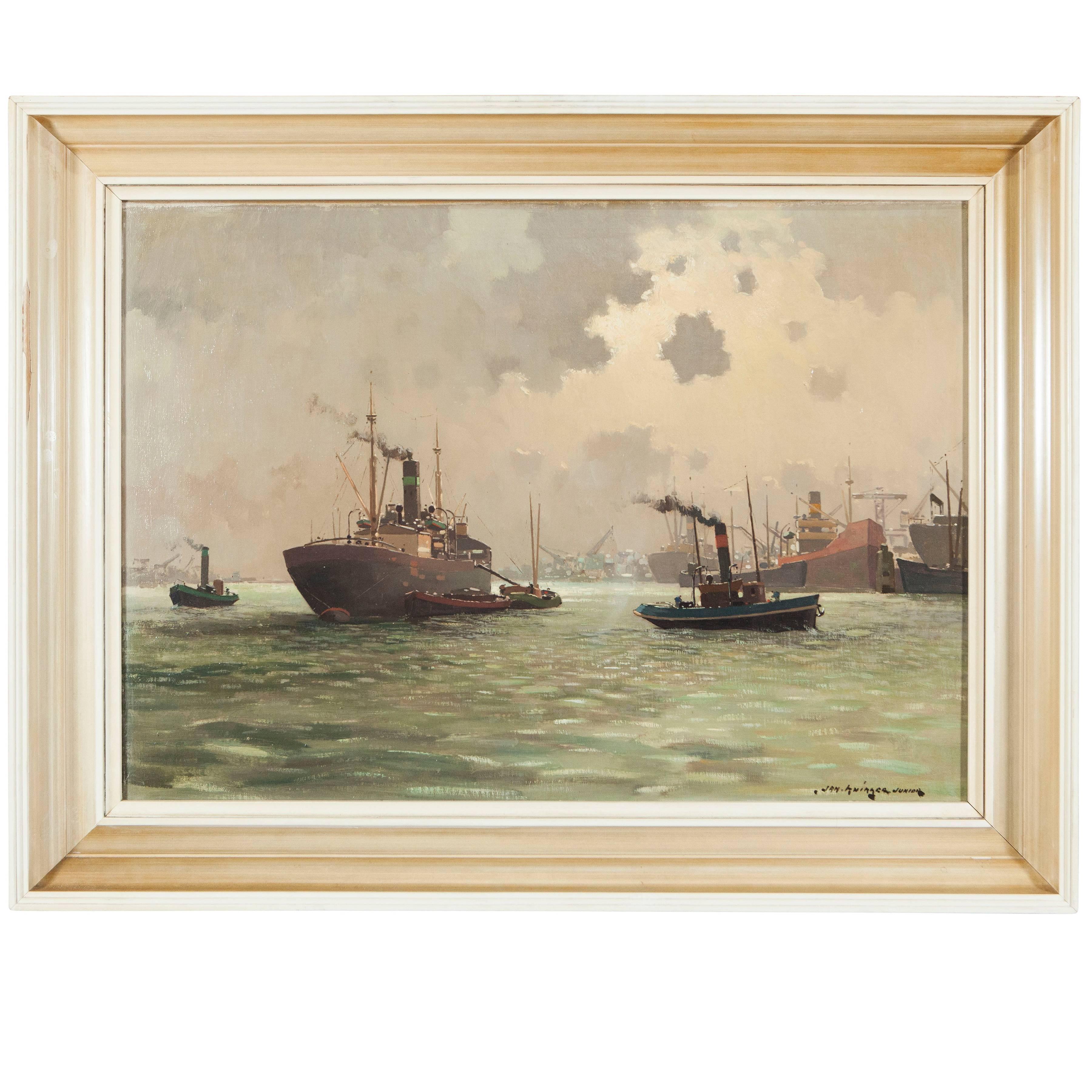 Dutch Harbour Painting by Jan Knikker Jr For Sale