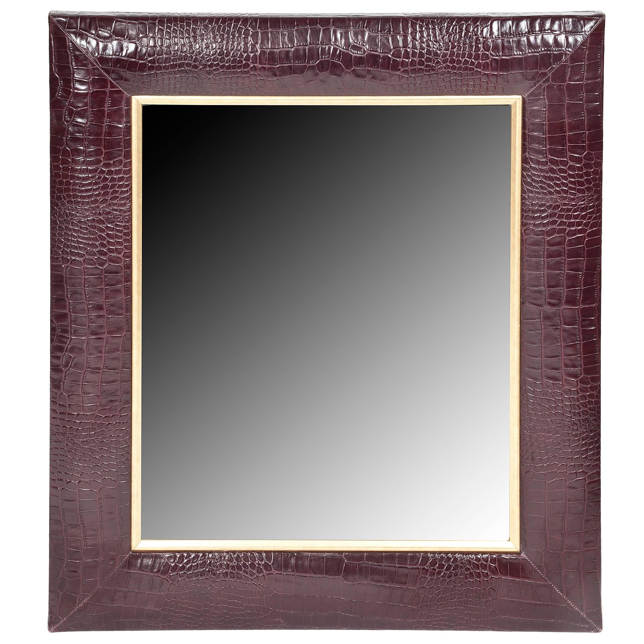 Bordeaux Croc Embossed Leather Framed Mirror with Champagne Gold Detailing For Sale