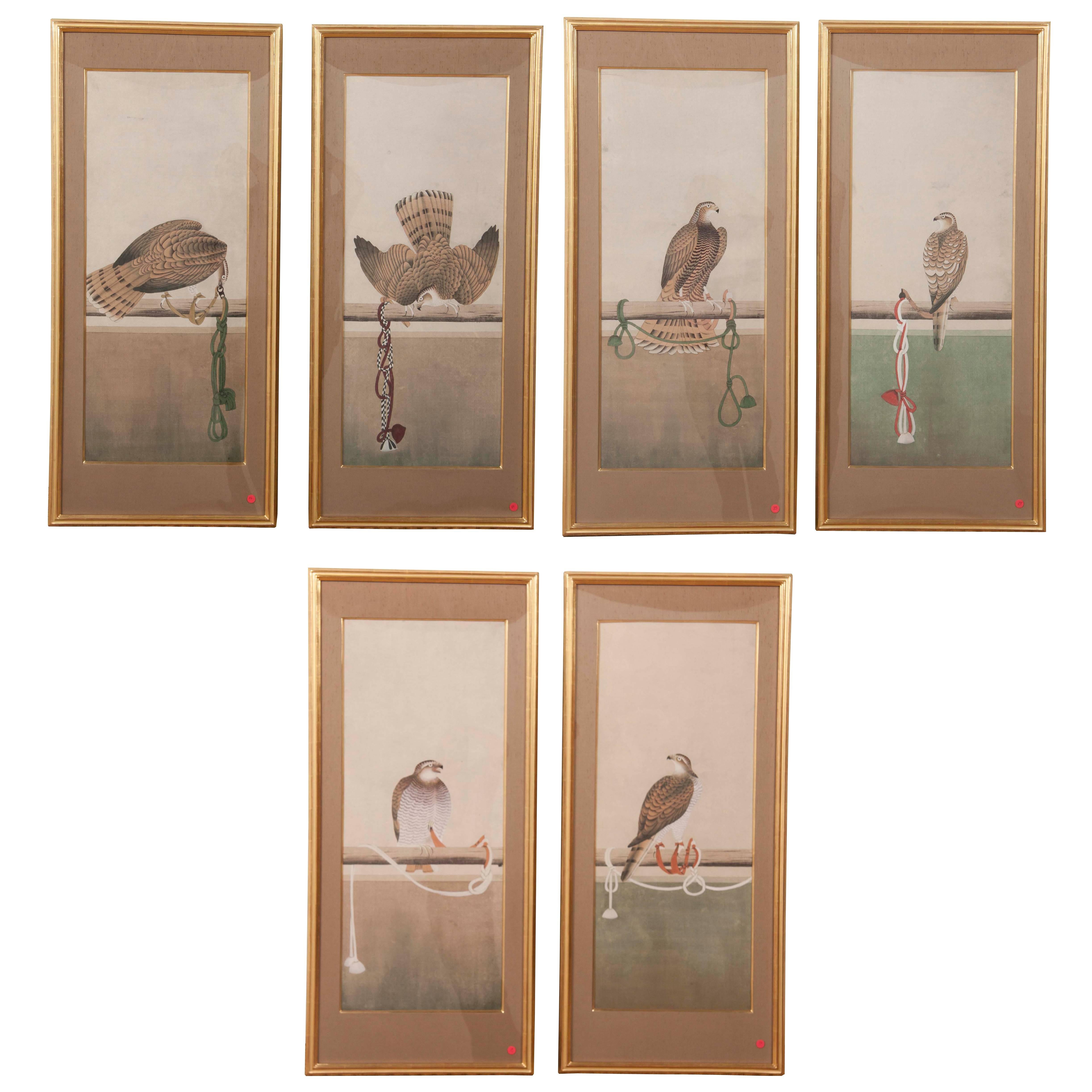 Six Japanese Watercolors Depicting Various Stages of Falconry