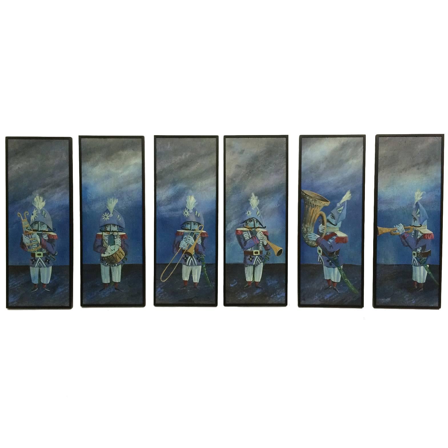 Set of Six Naive Paintings of French Soldiers Playing Instruments 