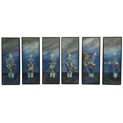 Set of Six Naive Paintings of French Soldiers Playing Instruments