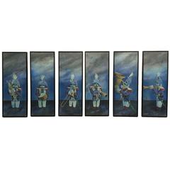 Retro Set of Six Naive Paintings of French Soldiers Playing Instruments 