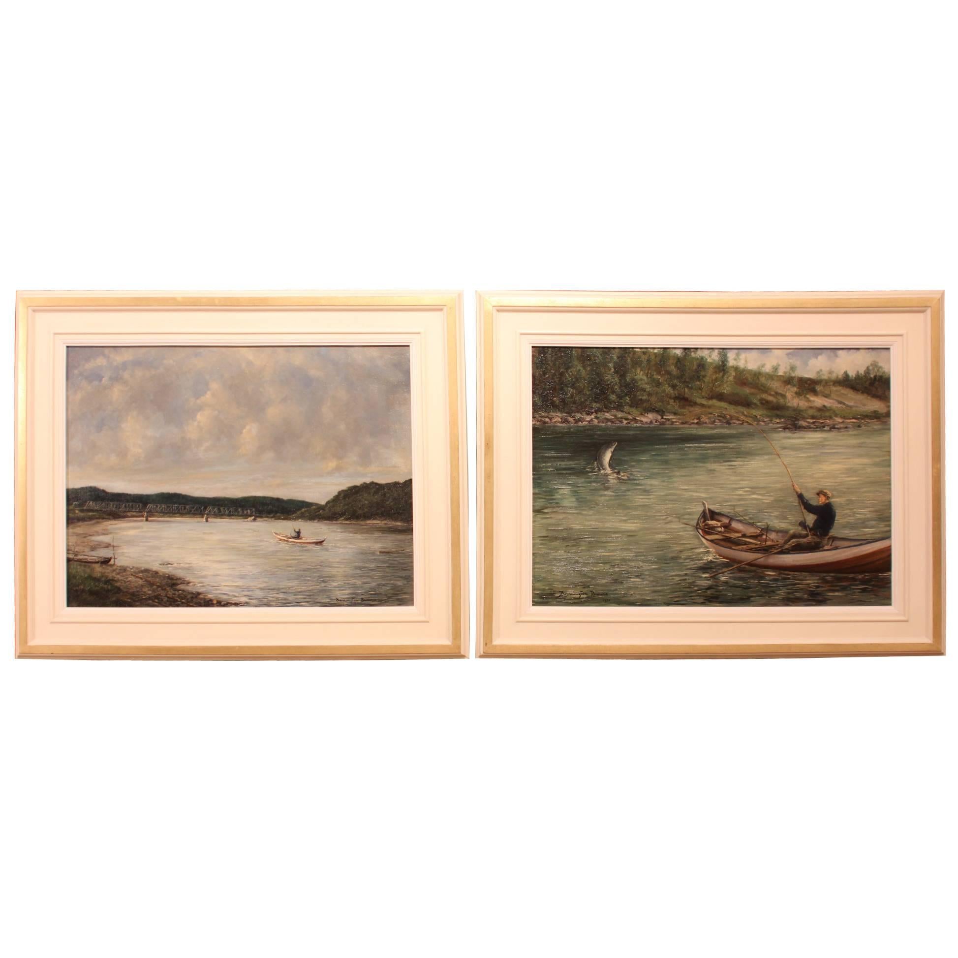 Pair of Oil Paintings "Landing the Catch" by William Ellis Barrington-Browne For Sale