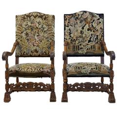 Antique Pair of 19th Century Carved Oak Throne Armchairs