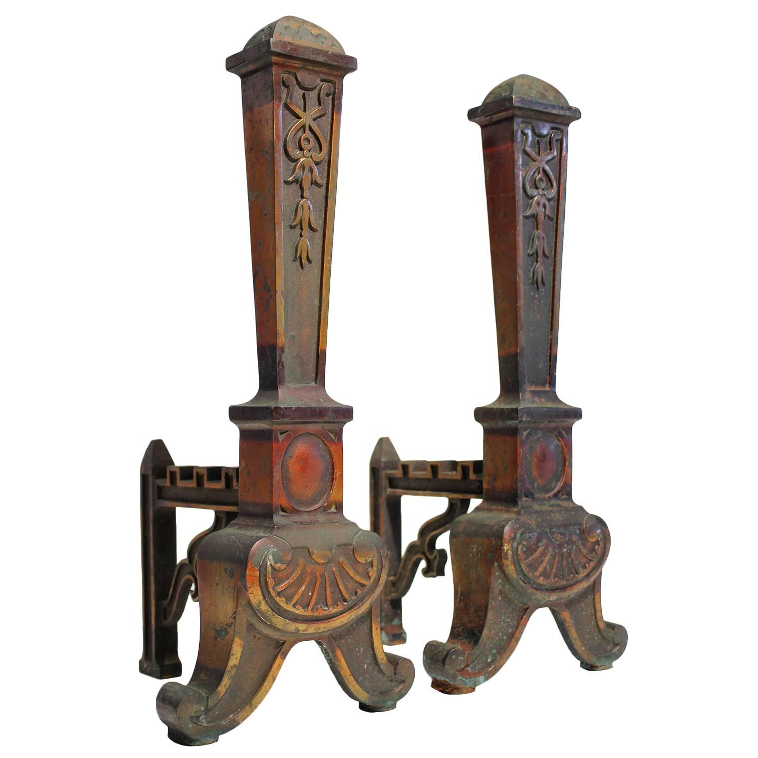 Antique Arts and Crafts Decorative Brass Andirons For Sale