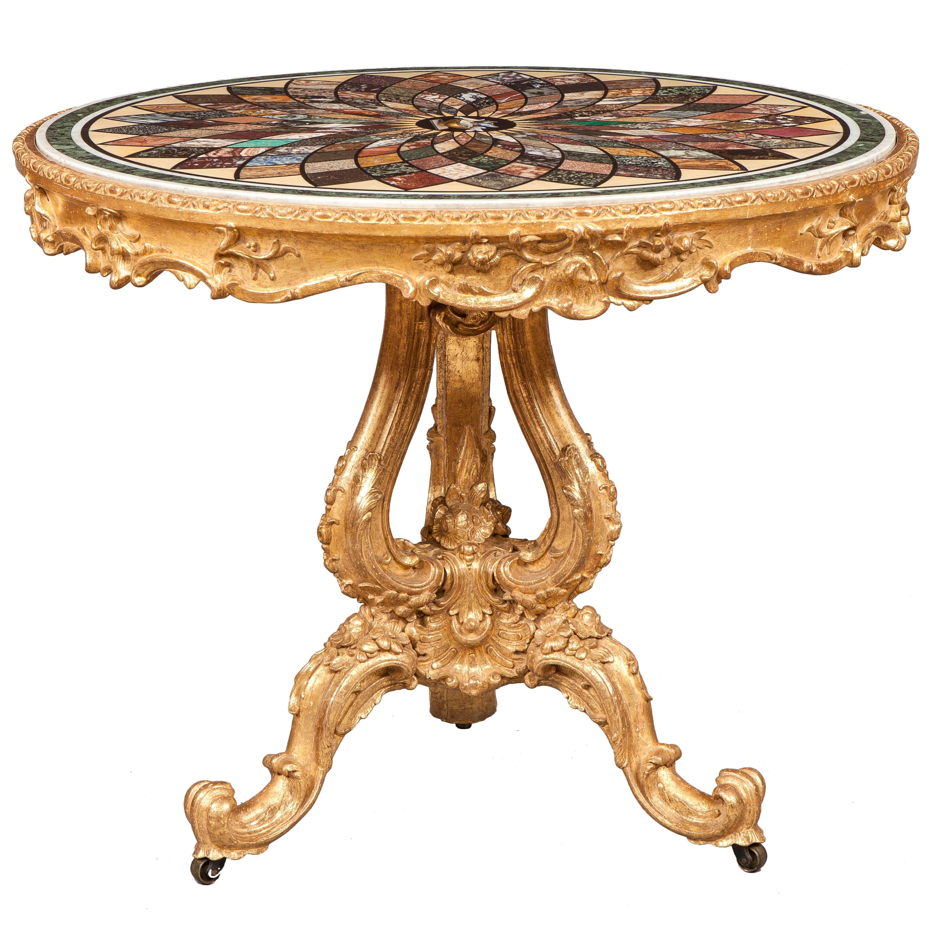 Italian Giltwood and Specimen Marble Topped Center Table, 19th Century