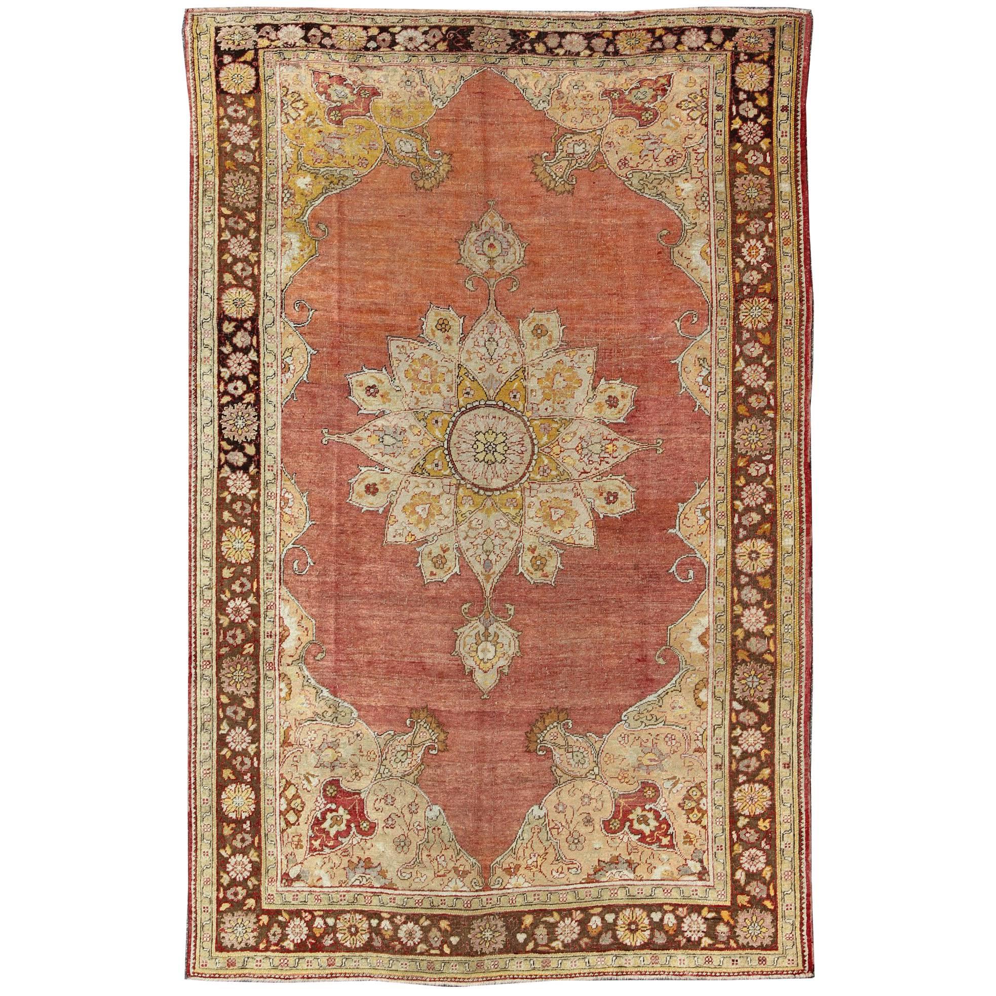 Antique Oushak Medallion Rug in Rose, Pale Green, Light Blue, Gold and Brown  For Sale