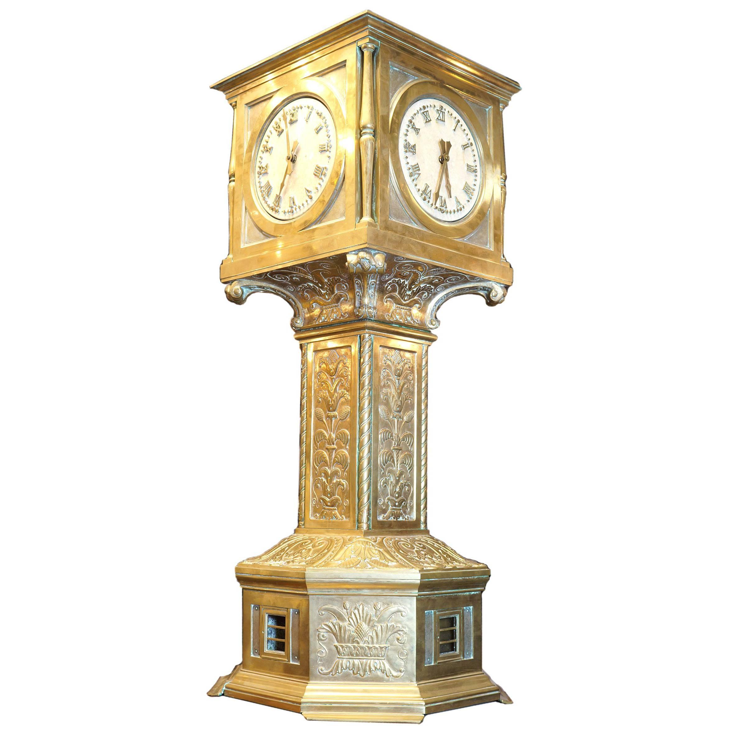 Important Art Deco Period Tall Bronze Clock with Four Time Zones