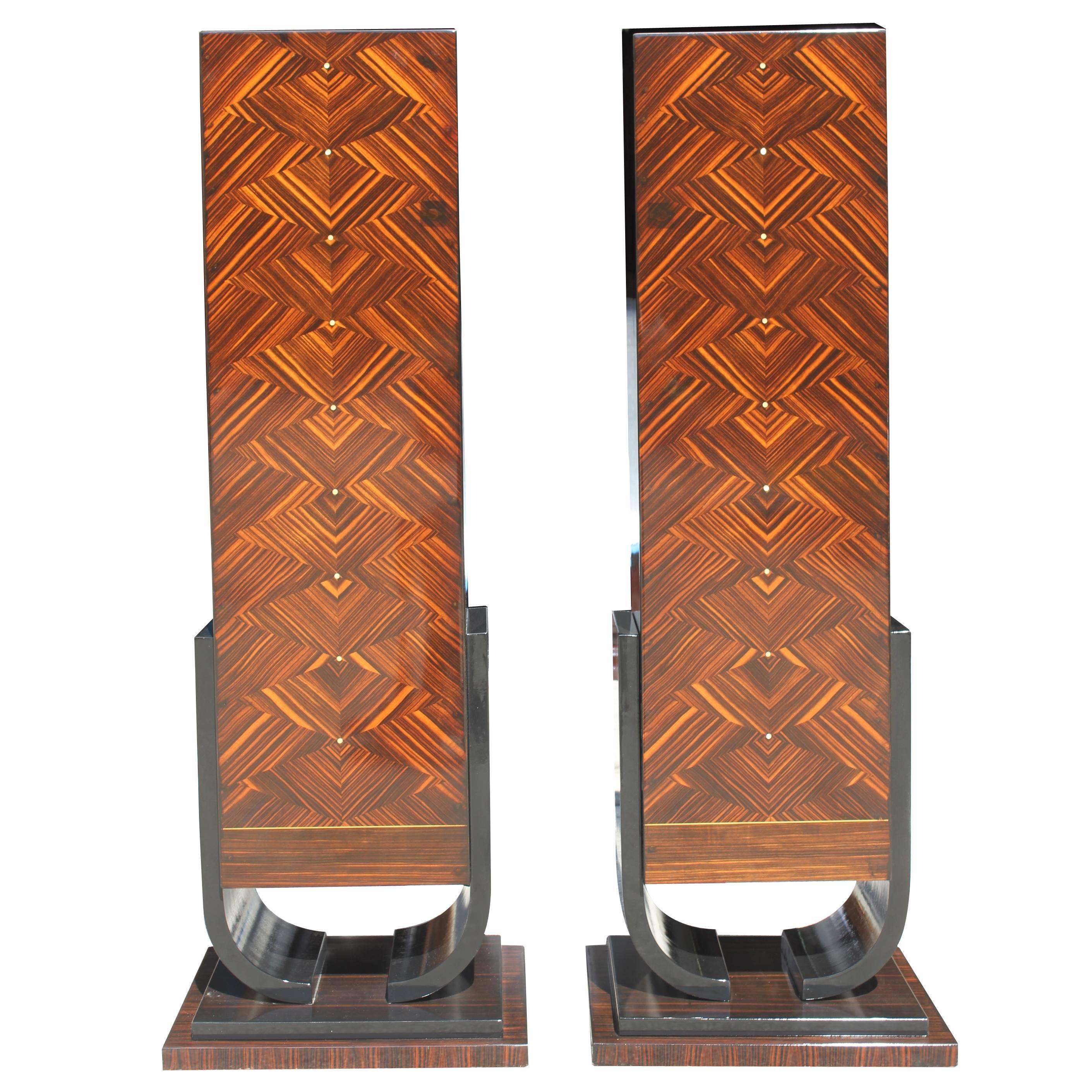 Pair of French Art Deco Exotic Macassar Ebony Pedestals, M-O-P Accents, 1940s