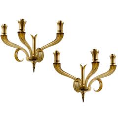 Pair of Amber Murano Sconces in the Style of Venini
