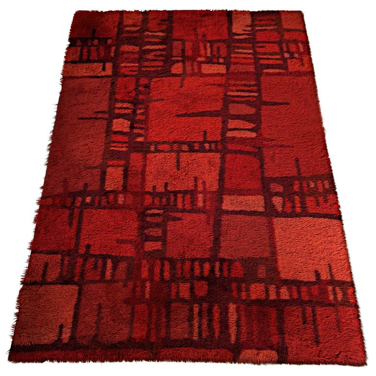 Huge Swedish Mid Century Red Rya Rug For Sale at 1stDibs