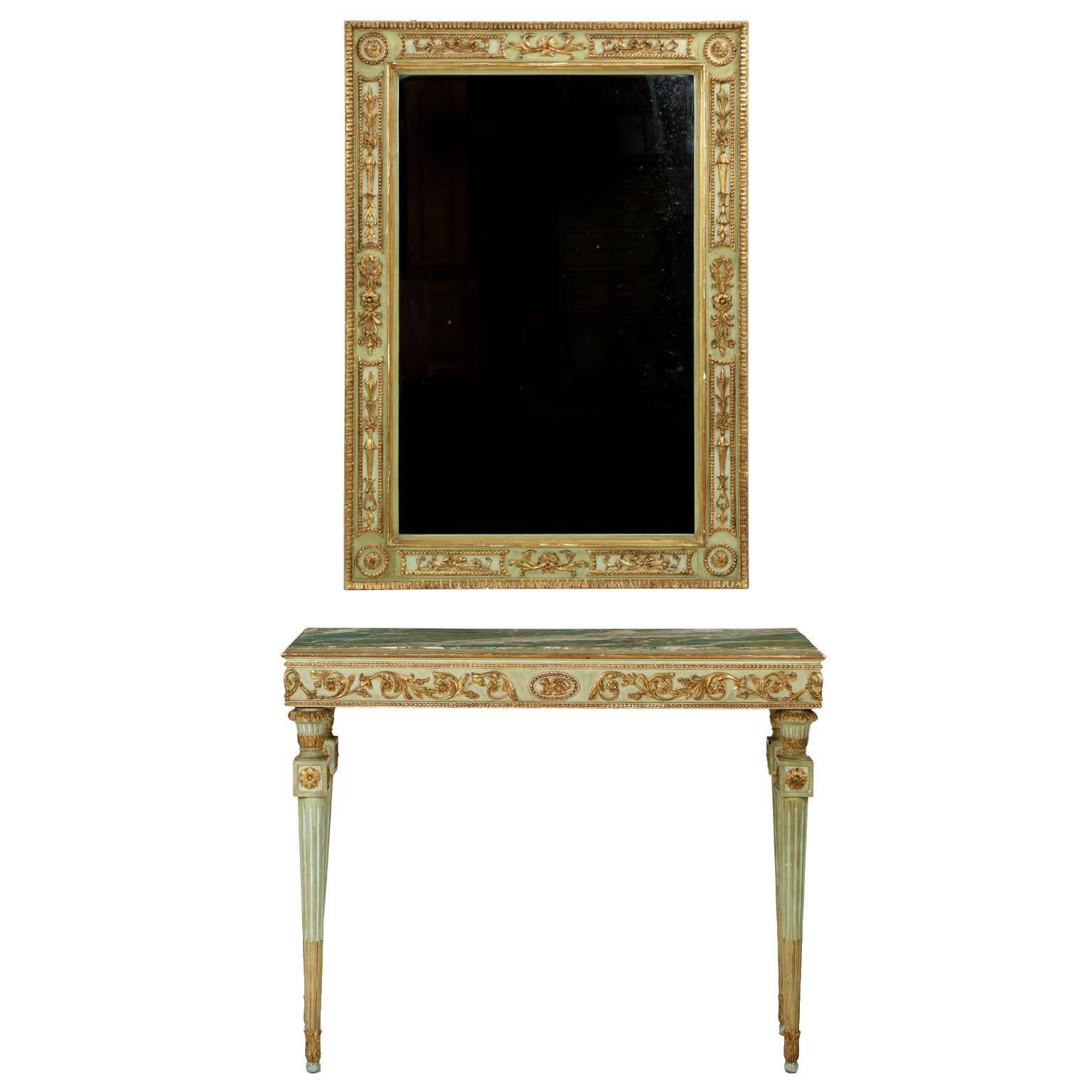 French Louis XVI Style Green Painted Antique Marble-Top Console Table and Mirror