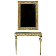 French Louis XVI Style Green Painted Antique Marble-Top Console Table and Mirror