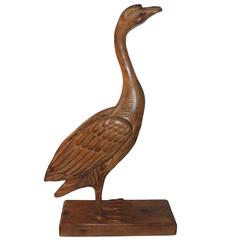 Life-Sized Mid-Century Carved Egret on Hand-Carved Stand