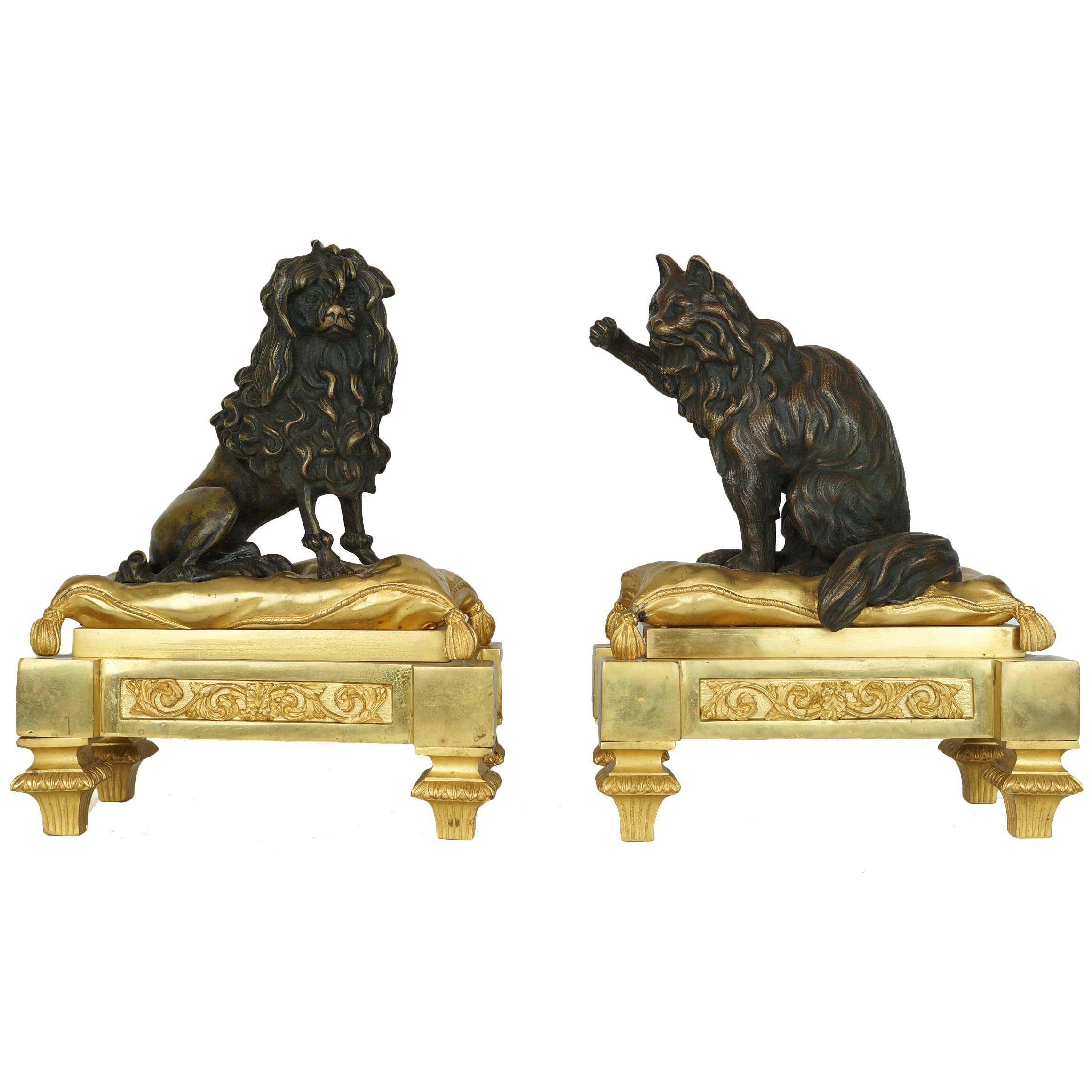 Large Pair of Bronze Dog and Cat Figural Fireplace Chenets