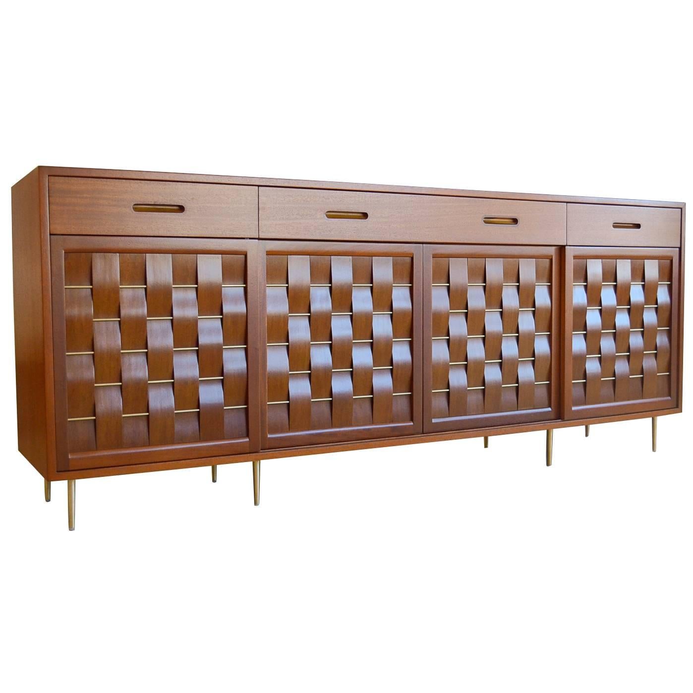 Exceptional Mahogany and Brass Basketweave Credenza by Edward Wormley