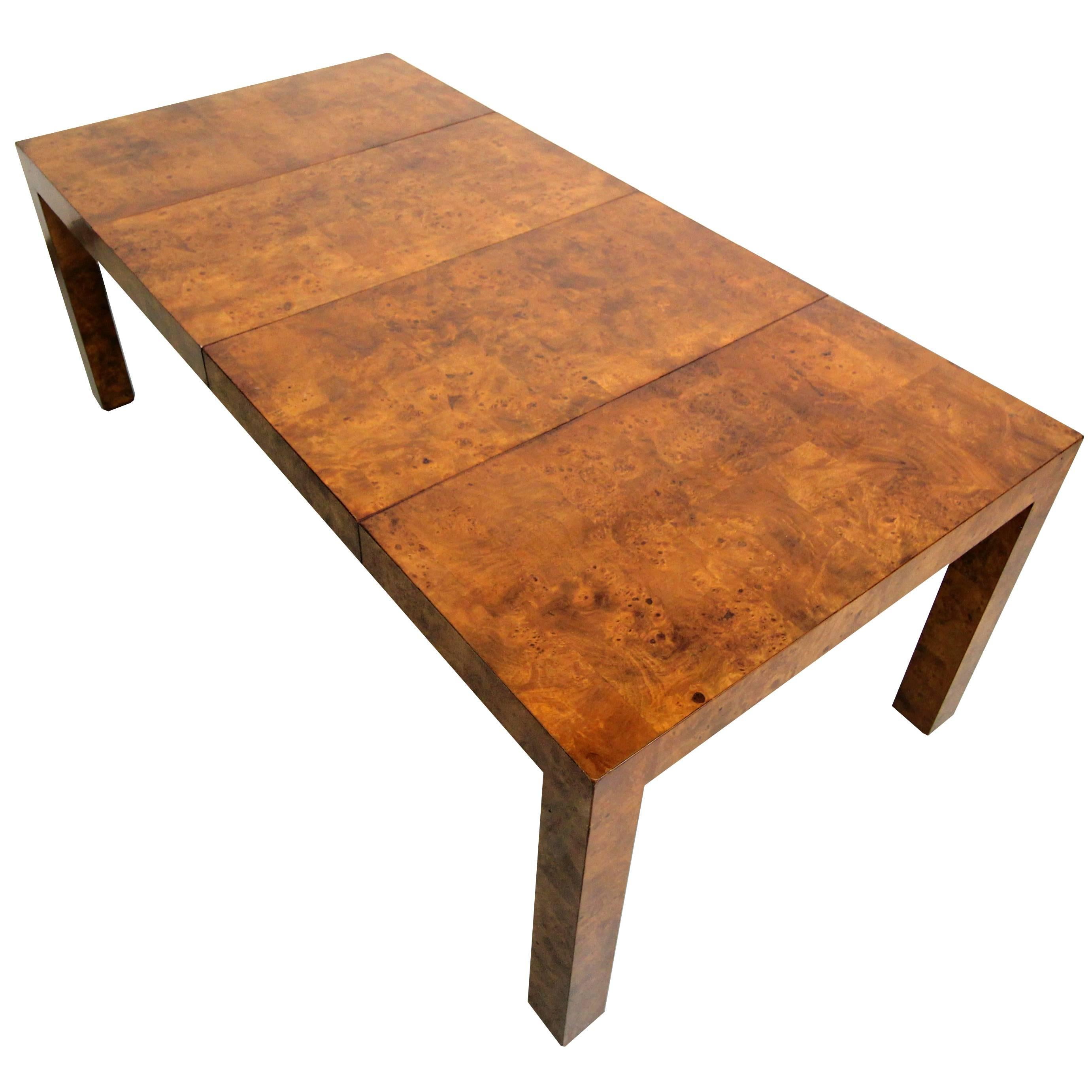 Beautiful Mid Century Milo Baughman Parsons Style Burl Wood Dining Table