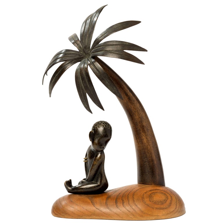Hagenauer Werkstätte "African Child under Palm Tree" Art Deco 1940  For Sale