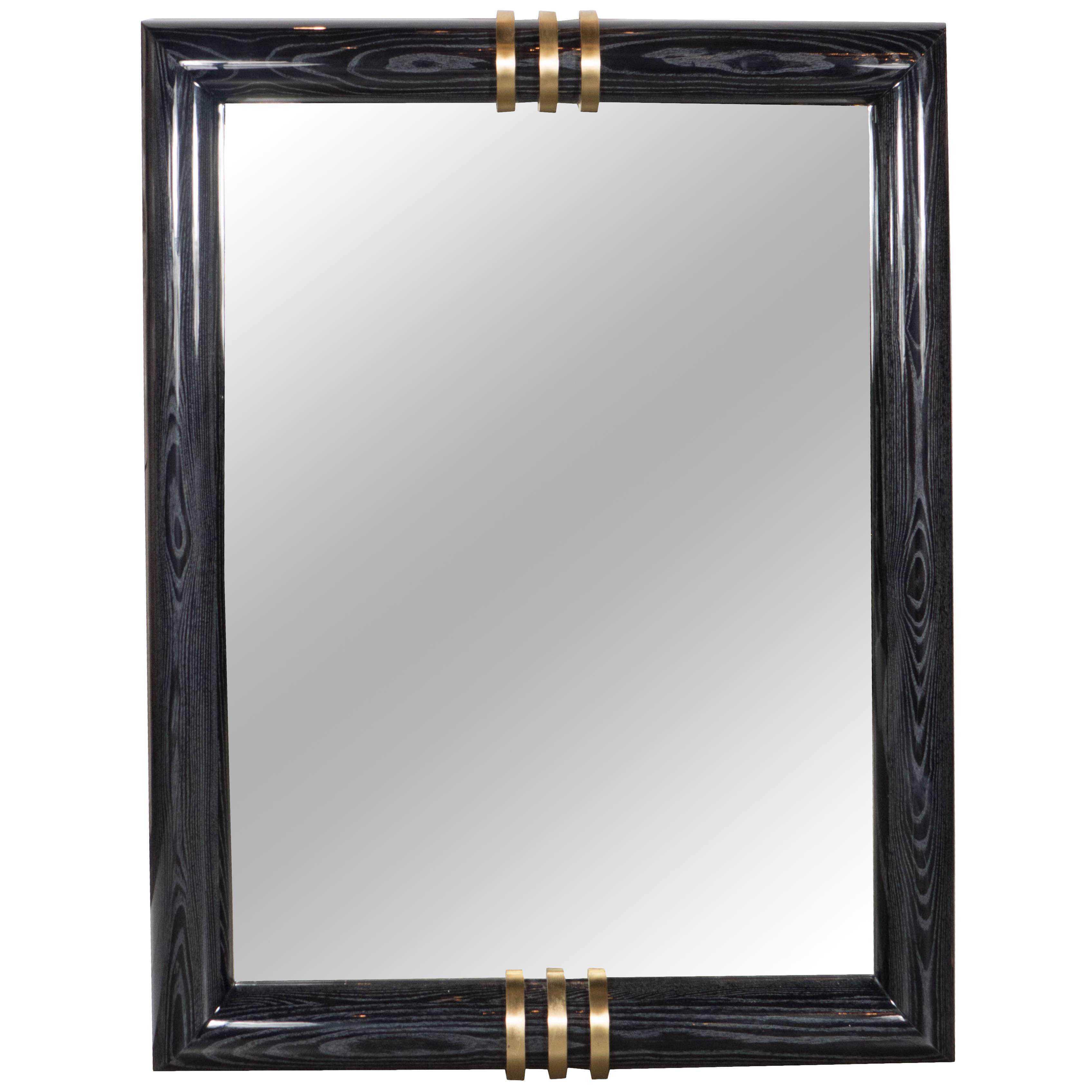 Gorgeous Art Deco Style Silver-Cerused Mirror with Brushed Brass Detailing