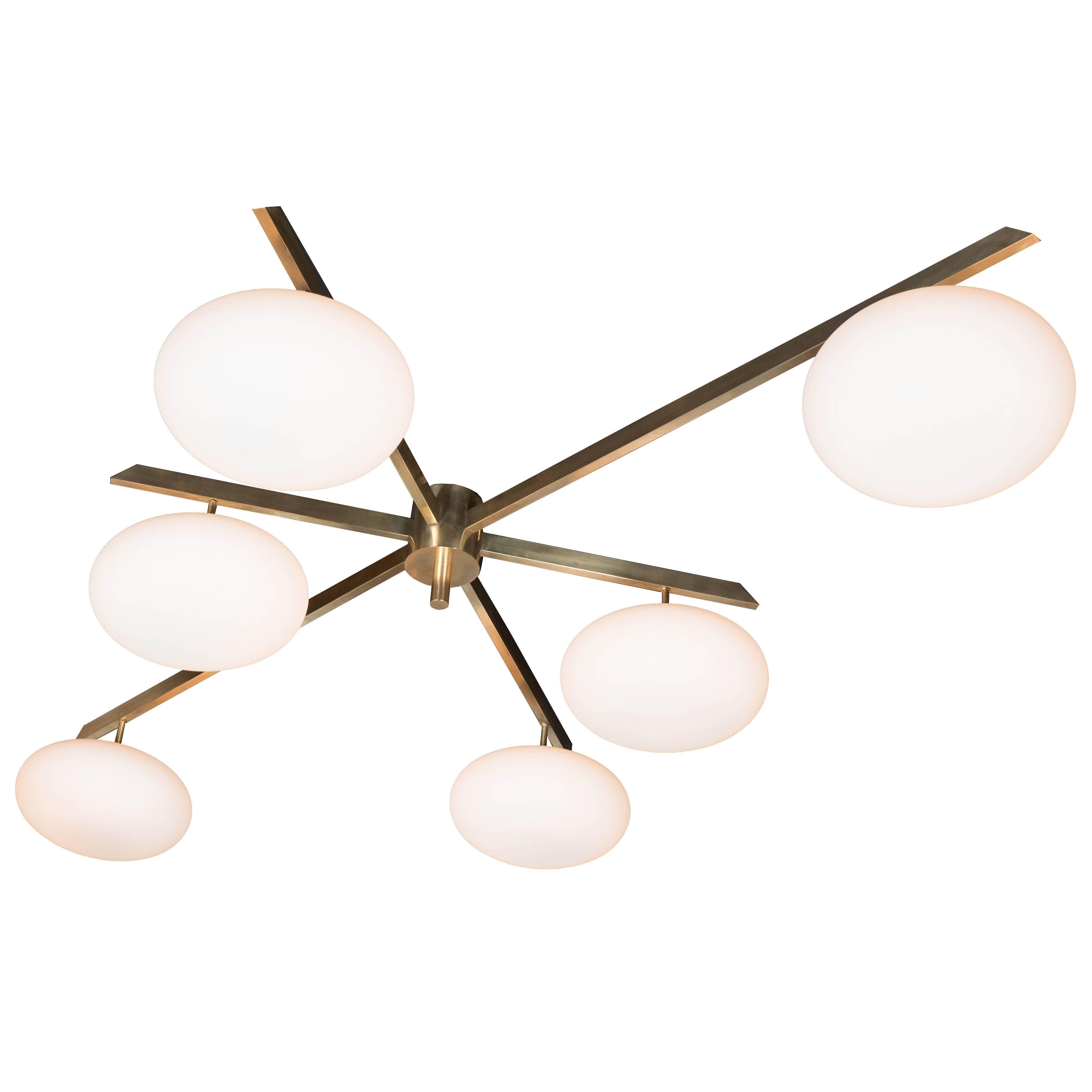 Modernist Brass and Frosted Glass Six-Arm Globe Chandelier, Manner of Arredoluce