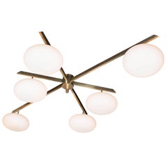 Modernist Brass and Frosted Glass Six-Arm Globe Chandelier, Manner of Arredoluce