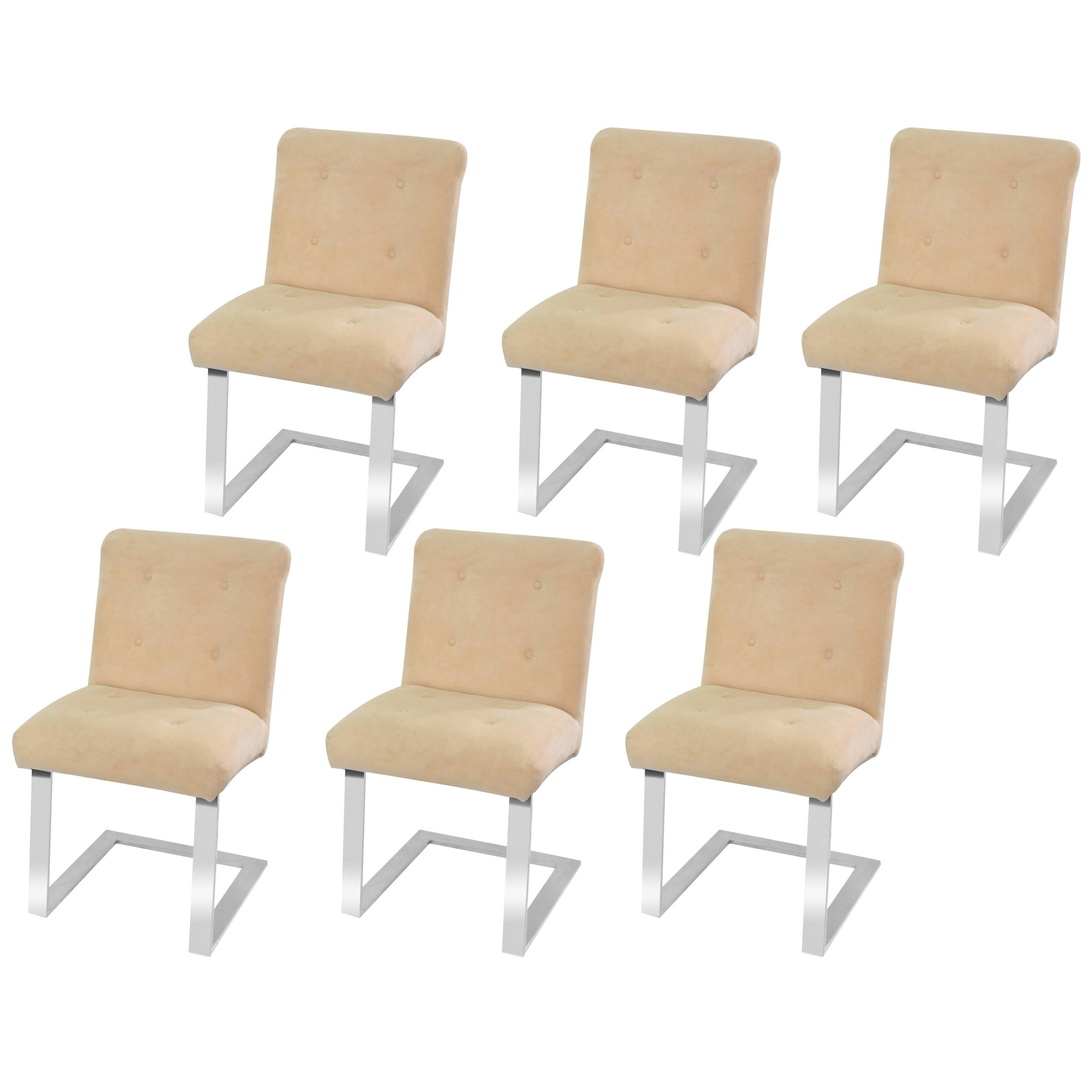 Set of Six Rare Cantilevered Chairs with Chrome Bases by Paul Evans