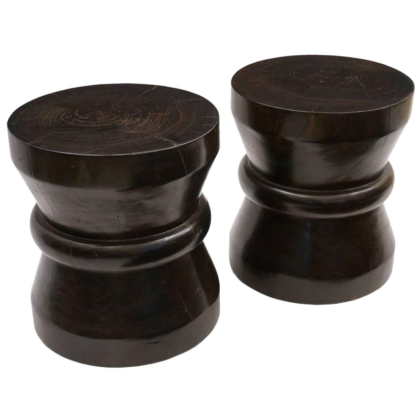 Pair or Turned Teakwood Side Tables or Stools, Indonesia