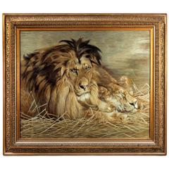 Outstanding Exhibition Quality Meiji Period Silk Embroidery of a Lion and Lio