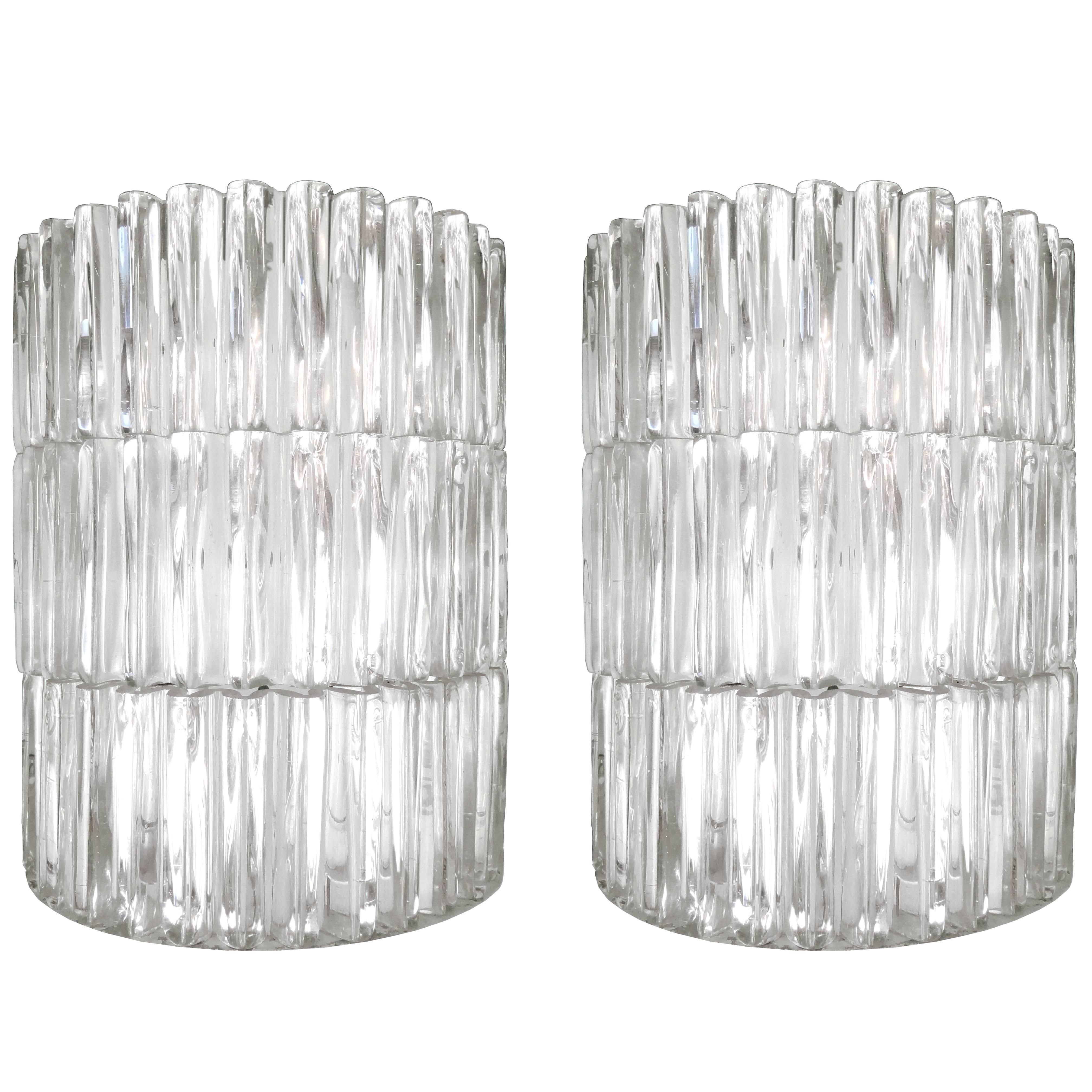 Pair of Fluted Glass Sconces Attributed to Hillebrand or Kaiser For Sale