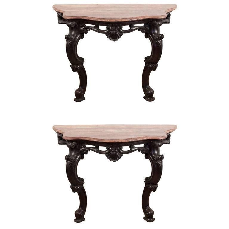 Pair of Anglo-Indian Marble-Top Mahogany Base Console Tables For Sale
