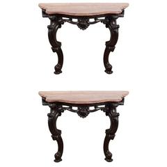 Pair of Anglo-Indian Marble-Top Mahogany Base Console Tables