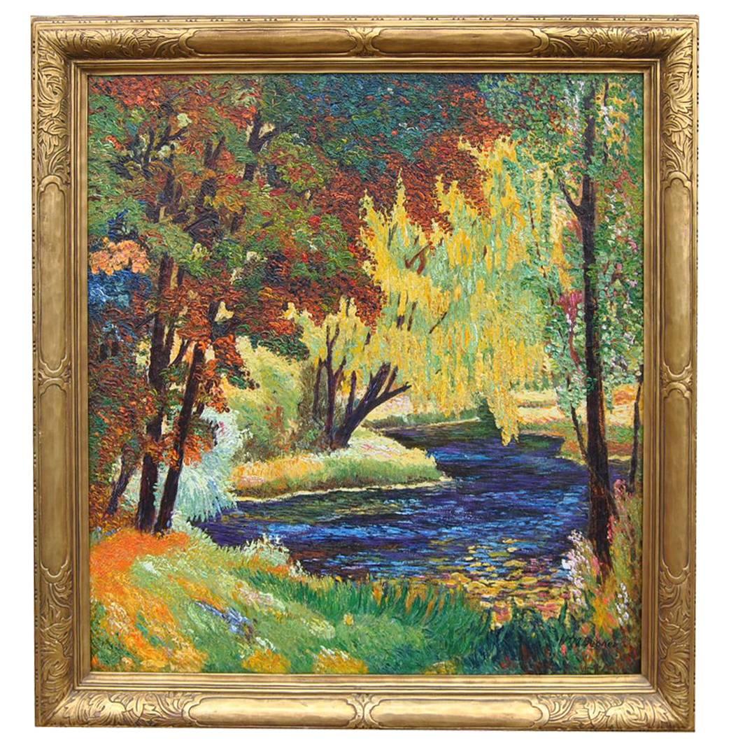 Impressionistic Landscape Oil on Canvas by W.M. Becker in Newcomb Macklin Frame