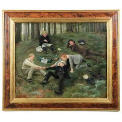 Antique Malthe Engelsted Oil Painting of "Afternoon Frolics, " circa 1885