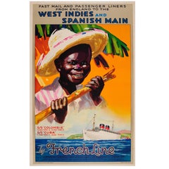 Affiche rétro originale de la croisière French Line d'Angleterre aux Antilles et en Espagne