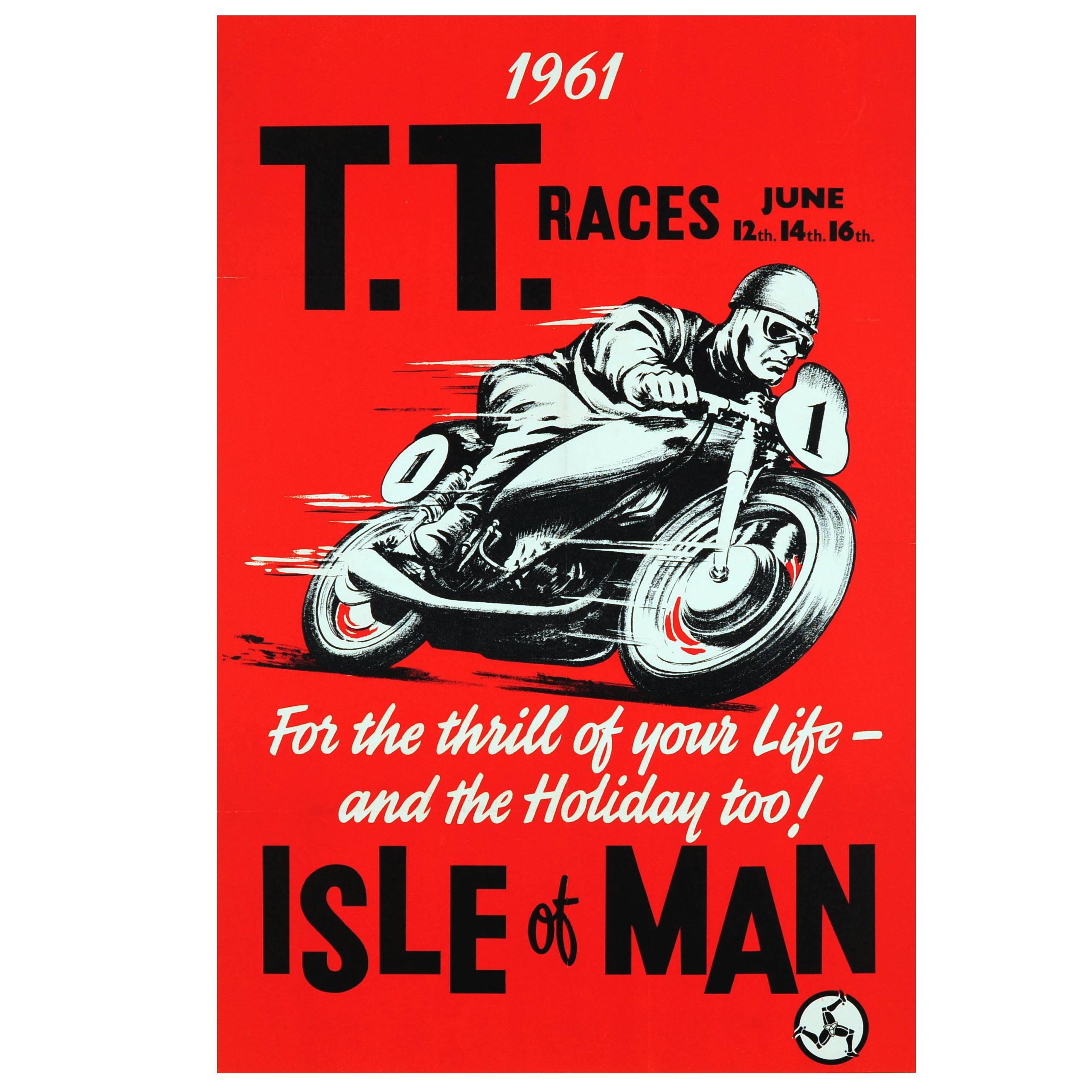 Rare Original Vintage 1961 Isle of Man TT Tourist Trophy Motorcycle Races Poster