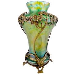 Art Nouveau Kralik Glass Vase with Flower Bronze Overlay, 1900s, Tiffany Style 7