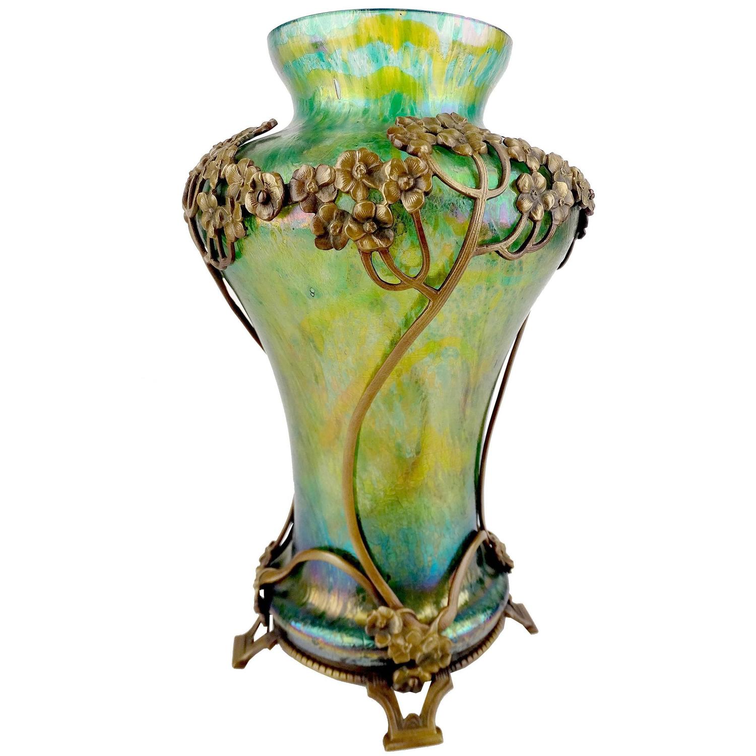 Art Nouveau Kralik Iridescent Glass Vase with Flower Bronze Overlay For