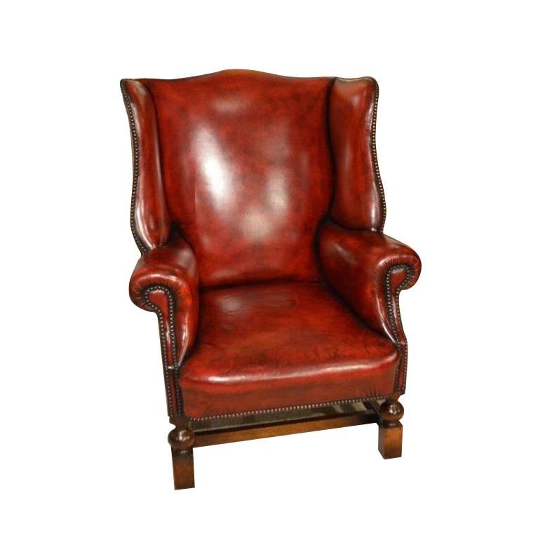 Good Red Leather and Oak Edwardian Period Antique Wing Armchair