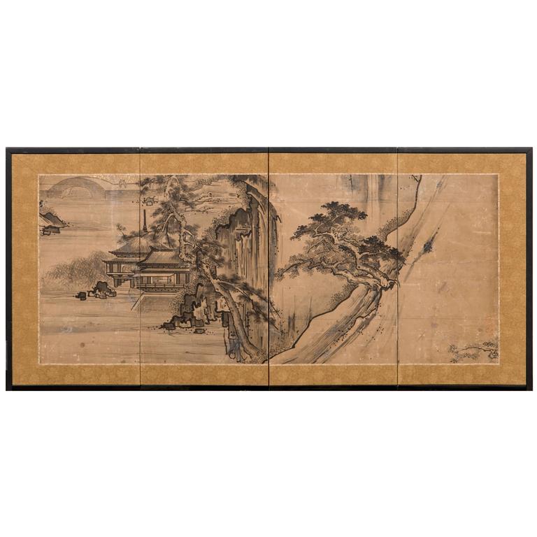 Japanese Screen, Ink Landscape Painting For Sale at 1stdibs