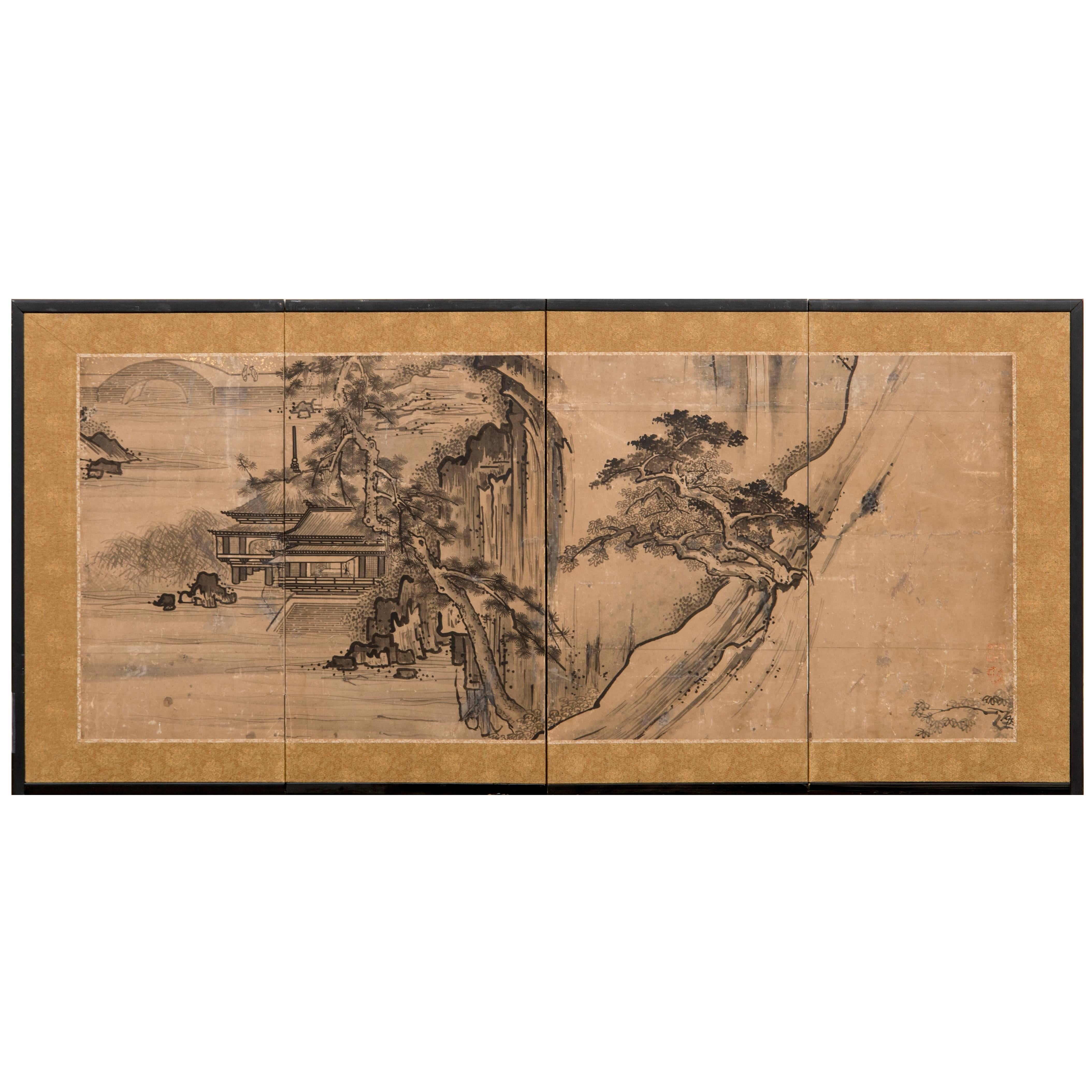 19th Century Japanese Screen: Ink Landscape Painting For Sale