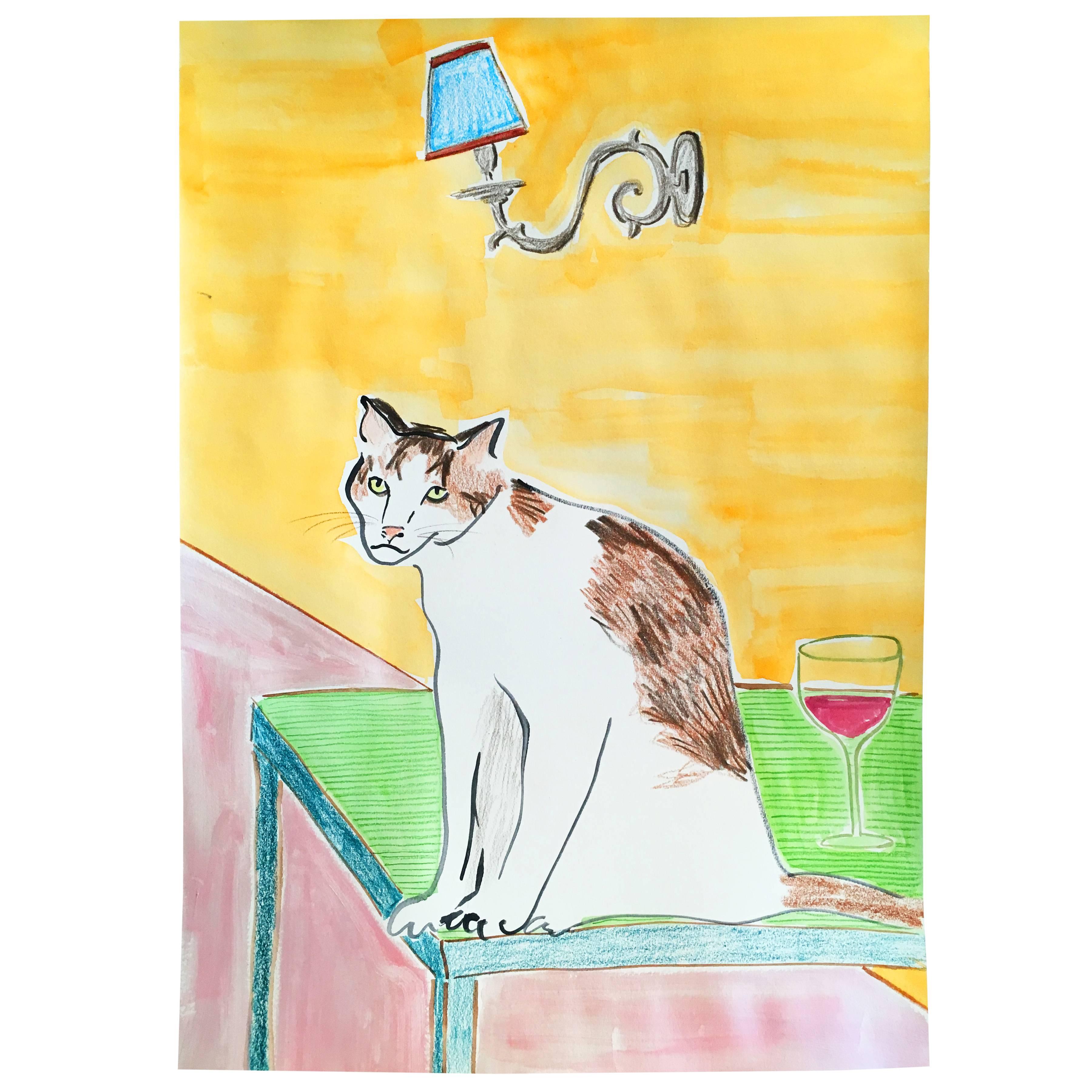 'Cat with Glass of Wine and Wall Light' Original Artwork