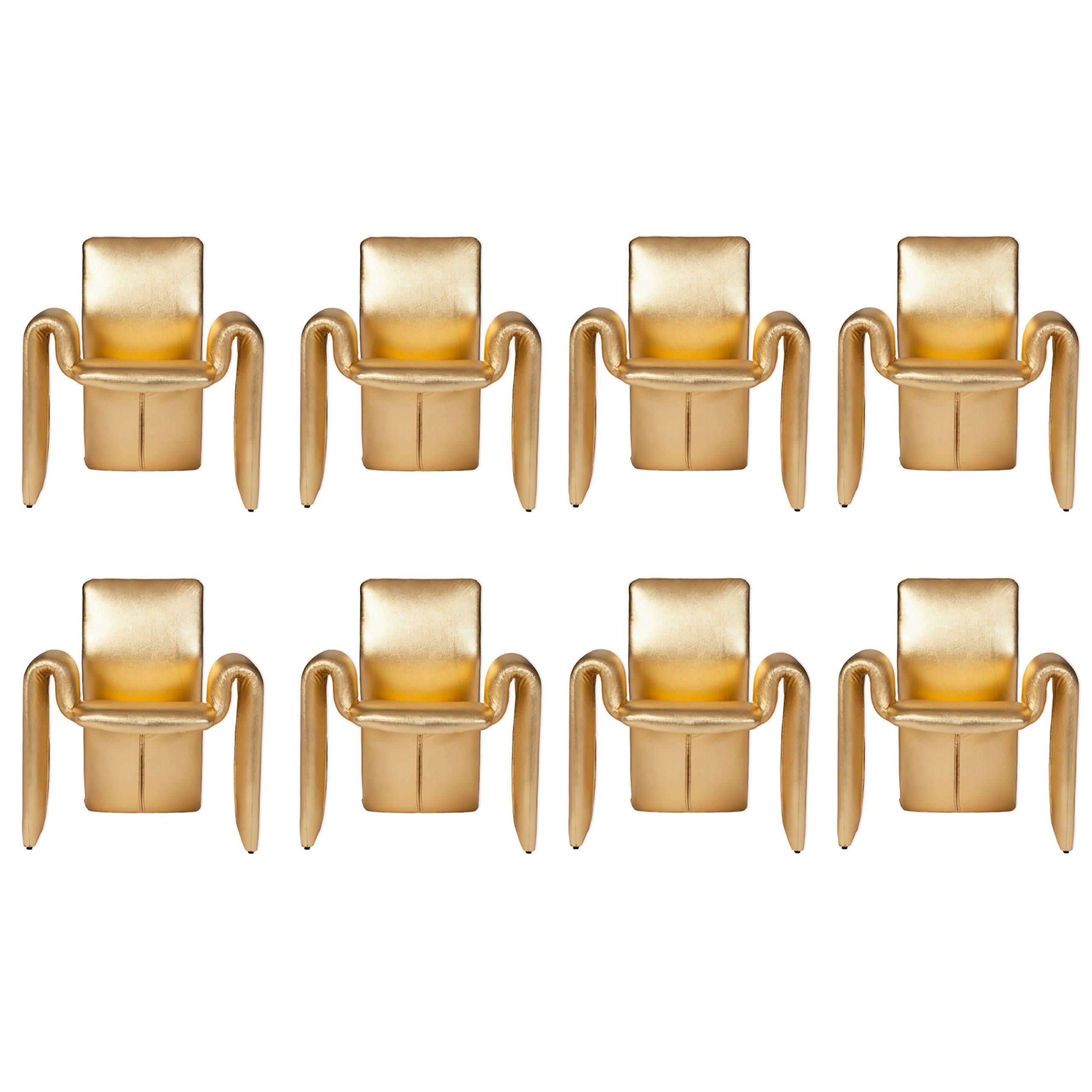Steve Leonard for Brayton Metallic Gold Leather Dining Chairs, Set of 8 For Sale